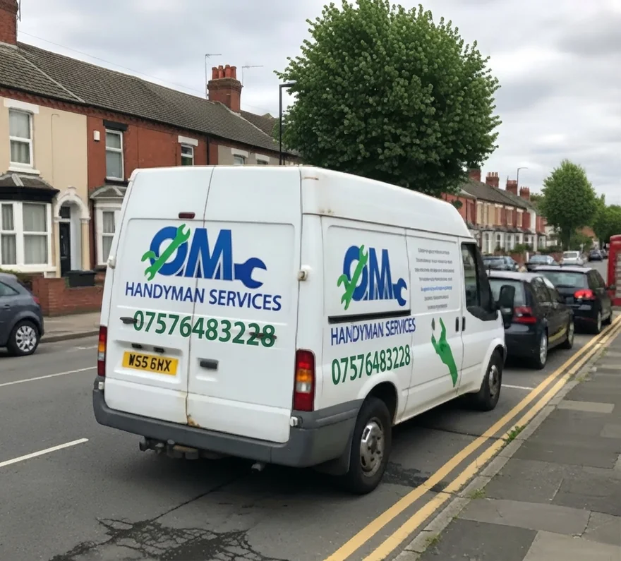 White handyman van with OM Handyman Services branding parked on a Wolverhampton-style terraced street